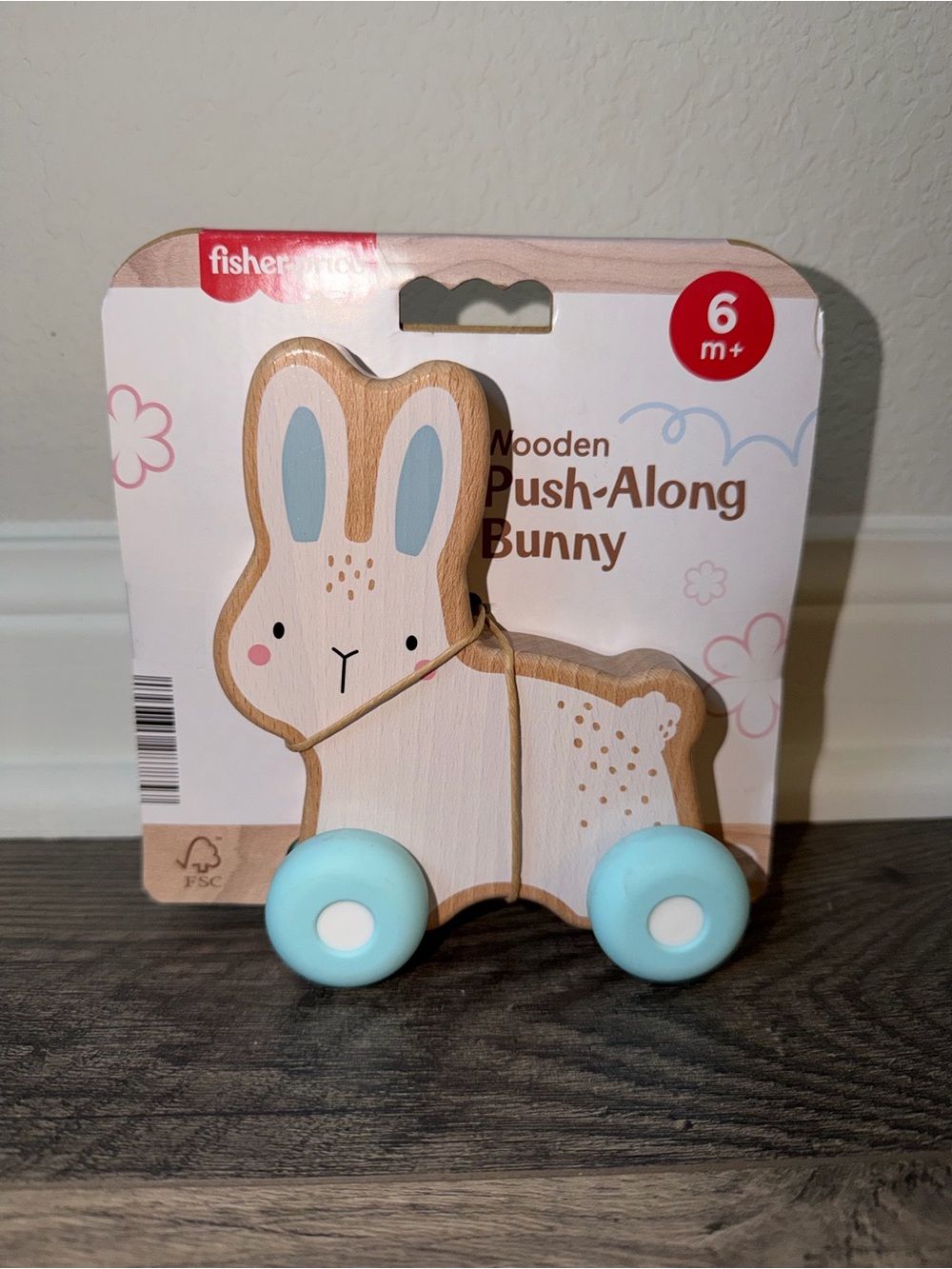 Fisher-Price Pastel Wooden Push-Along Bunny with Light Blue Wheels